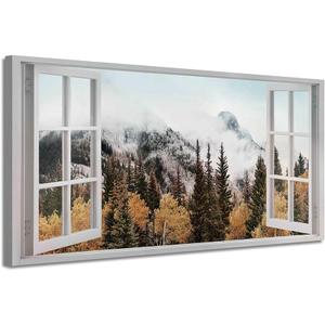 ARTISTIC PATH Foggy Landscape Canvas Wall Art - Misty Forest Picture Smoky Mountain Painting Scenery Photography Artwork for Living Room Bedroom Home Office (48L" x 24W")
