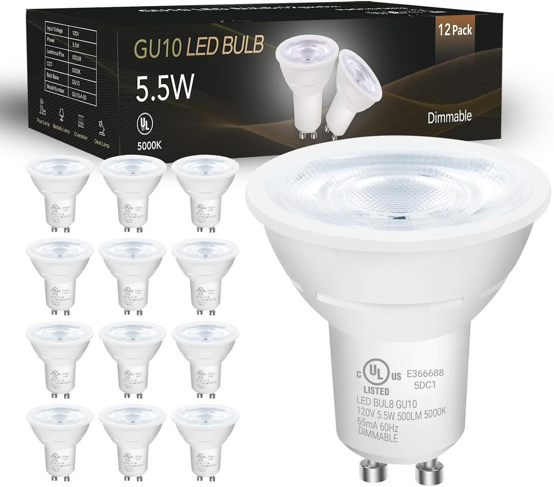 DAYBETTER GU10 LED Light Bulbs, Dimmable GU10 Bulb Replacement for Track Lighting, 5.5w Equivalent 50W, 500 LM Daylight White 5000K, MR16 LED Bulb for Kitchen, Range Hood, Living Room, 12 Pack