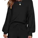 Ekouaer Womens 2 Piece Knit Sweatsuit Long Sleeve Tops and Shorts Pajamas Fashion Outfits Casual Lounge Set with Pockets Black L