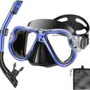 Snorkeling Gear for Kids, Dry Snorkeling Set, Panoramic Anti-Leak and Anti-Fog Tempered Glass Lens, Adjustable Strap Snorkel Set with Mesh Bag Ear Plug for Snorkeling Scuba Diving Travel (Blue)