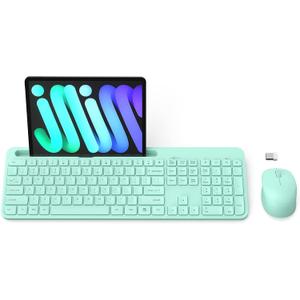 Mouse Keyboard Combo Wireless 2.4GHz Lag-Free Quiet Silent Mouse & Keyboard Set Cordless with Comfortable Round Key, Phone Holder,12 Multimedia&Shortcut for Computer, Laptop Mint Green