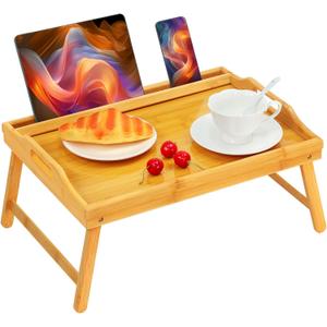 Bed Tray Table Breakfast Trays Serving Tray Bamboo Bed Laptap Floding Legs with Handles and Phone Holders