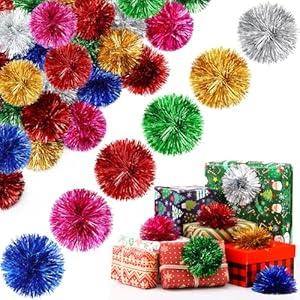 Yunlly 40 Pcs 4 Inch Christmas Tinsel Bows for Gift Wrapping Self Adhesive Pom Poms Colored Tinsel Bows for Crafts Presents Baskets Christmas Tree Decoration(Red, Green, Silver, Gold, Blue, Rose)