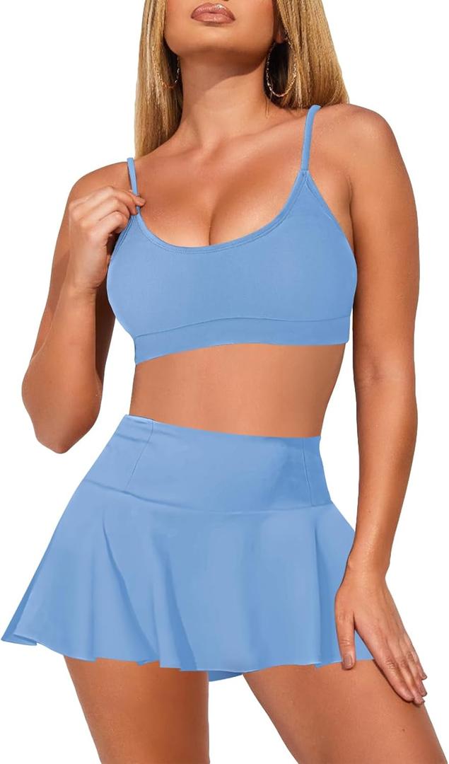 Pink Queen Women High Waisted Bikini Set Two Piece Swimsuit Swim Skirt Bathing Suit 2026 (Large, Light Blue)