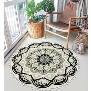 Uphome Round Rug 3ft Black Mandala Boho Rug with Pom Pom Fringe Non-Slip Washable Circle Bath Mat Soft Cute Blooming Medallion Throw Rug for Entryway Bedroom Powder Living Room Nursery