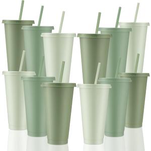 Skylety 12 Pcs Sage Green Plastic Cups with Lids and Straws 24 oz Reusable Tumbler Large Travel Mug Cup Coffee Beverage Drinks Party Supplies for Wedding Bridal Baby Shower Birthday