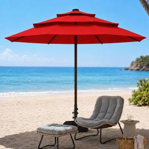 10ft Patio Umbrella, 3-Tier Vented Outdoor Table Umbrella with 8 Sturdy Fiberglass Ribs, Windproof Market Umbrella with Push Button Tilt and Crank, UV Protection for Deck, Pool, Red