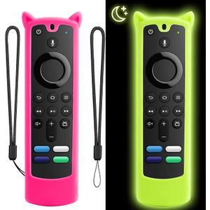 [2 Pack] WEVOVE Firestick Remote Cover Compatible with Alexa Voice Remote 4k/Max/Lite (3rd Gen), Firesticktvs Remote Case with Wrist Strap, Fire Stick Cover Glow in The Dark (Glow Yellow&Rose Red)