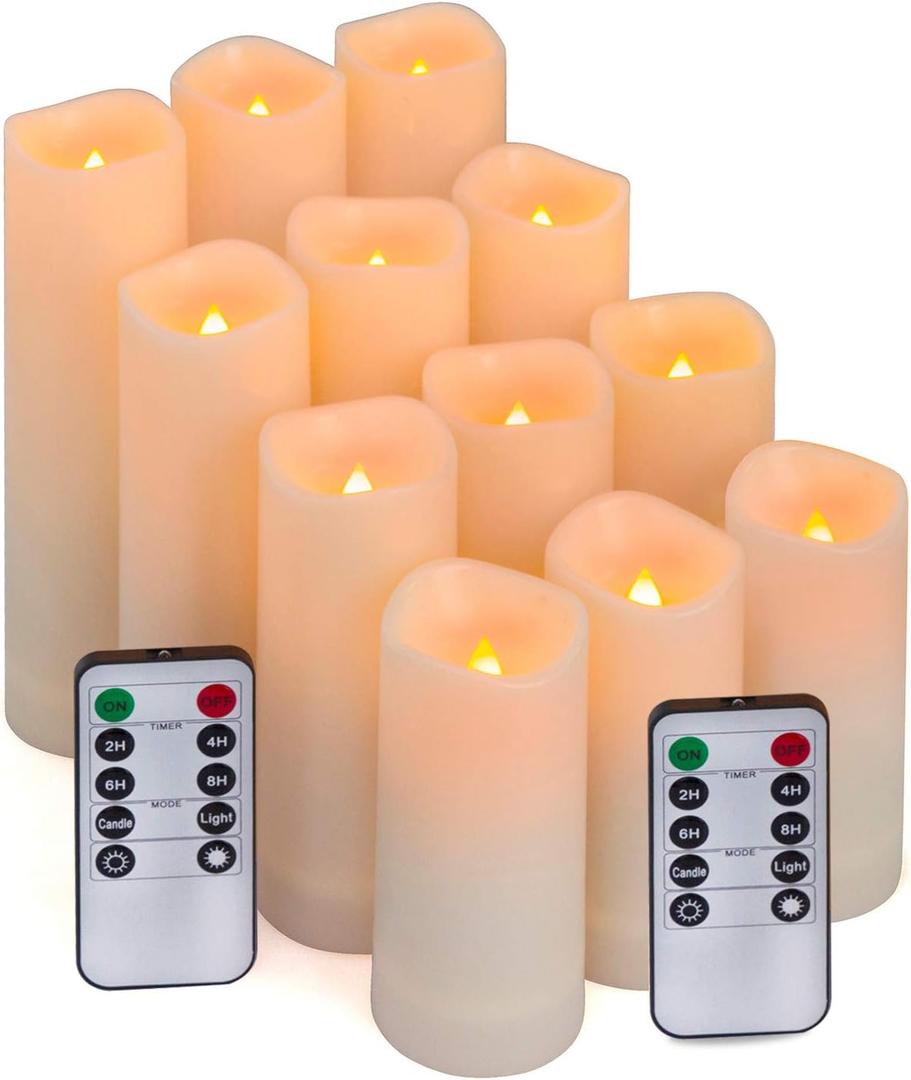Aignis 12pcs Flameless LED Candles Battery Operated with 10-Key Remote Timer, Outdoor Indoor Waterproof, Warm Flickering Glow for Cozy & Romantic Home/Wedding/Holiday Dcor(D2.2''xH4/5/6/7'')