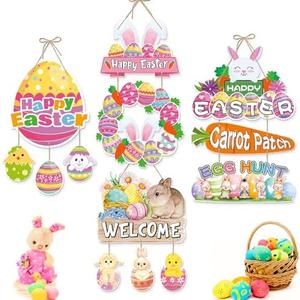 JLCFUTURE 4Pcs/set, Easter Decorations Door Hanger Happy Easter Paper Door Hanging Easter Day Party Supplies Festival Decoration Eggs Rabbits Pattern Door Hanger Corridor Wall Pendant Home Decor, Set of 2