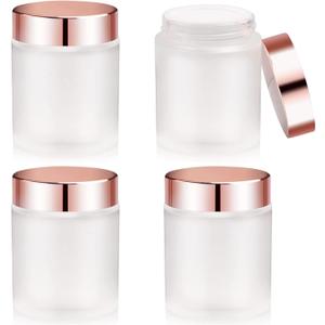 Sxminer 4 Pack 100g/3.4 oz Empty Glass Jars Frosted Glass Cream Jar Bottle with Rose Gold Lids Refillable Cosmetic Containers Makeup Empty Storage Containers Travel Jars Pot for Creams Lotions Scrubs