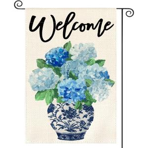 2 x AVOIN colorlife Chinoiserie Spring Hydrangea Welcome Garden Flag 12x18 Inch | Double Sided, Weather & Fade Resistant, Yard Outdoor Decoration, for Outside, Blue and White Ginger Jar