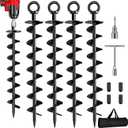 Ground Anchor Screw in, 4 Pack Spiral Trampoline Anchors with Nut and Tool Swing Set Anchors Tent Stakes High Wind Heavy Duty for Sheds, Carports, Mobile Home Black