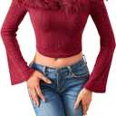 MakeMeChic Women's Faux Fur Crop Tops Bell Sleeve Off Shoulder Glitter Party Tee Shirts (M)