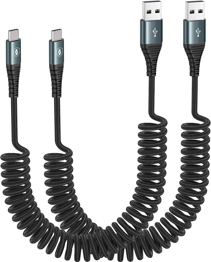 USB C Charger Cable Fast Charging, Coiled USB A to USB C Cable for Car, 2Pack 3FT Braided Type C Cord Compatible with iPhone 15 Pro Max Samsung Galaxy S10 / S10+ / Note 9, 8 LG V30 and More, Black