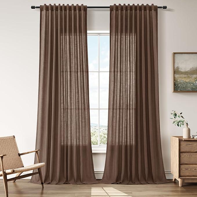 Nanspring Caramel Brown Linen Curtains 102 Inch Length 2 Panels Set Back Tab Rod Pocket Farmhouse Modern Elegant Rustic Semi Sheer Light Filtering Curtain Window Long Drapes for Living Room 52X102
