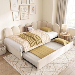 Merax Modern Upholstered Sofa Day Bed with Trundle Bed, Floor Platform Bed Frame with Headboard, No Box Spring Needed/Easy Assemble Twin, Beige 