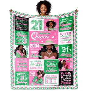 African Americans 21st Birthday Gifts for Her, 21 Year Old Birthday Gifts for Her Blanket 60"X 50", Pink Green 21st Birthday Gift for Women, Gift for 21 Old Year Black Sister Daughter Female