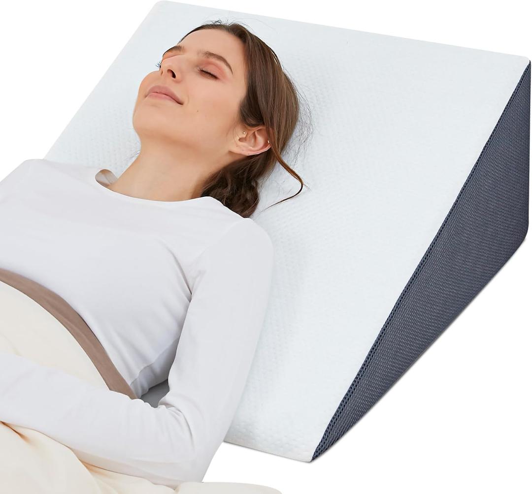 Bed Wedge Pillow for Sleeping, 8" 24" 24" Triangle Pillow Wedge, Cooling Memory Foam Top, Elevated Support Wedge Pillow - Removable Washable Cover (24*24*8 Inch, Gray White)