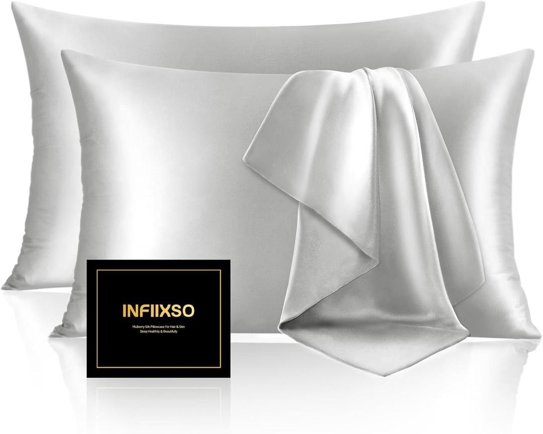 INFIIXSO Silk Pillow Cases 2 Pack Standard Size, Ultra Smooth & Soft Mulberry Silk Pillow Case for Hair and Skin, Breathable Cooling Silk Pillowcase with Hidden Zipper (Light Grey, 20x26 Inches)