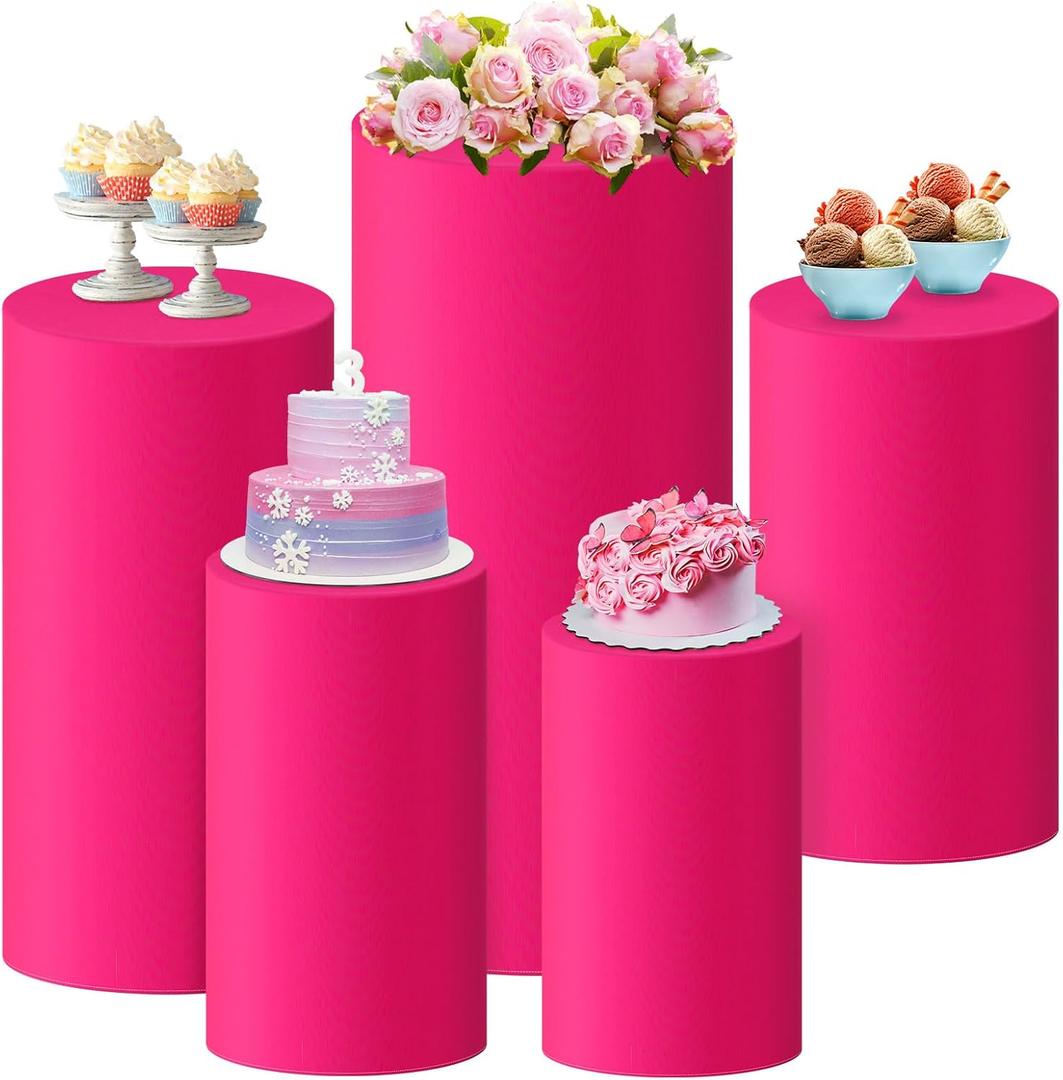 Set of 5 Cylinder Pedestal Stand Covers Spandex Cylinder Cover Plinth Dessert Table Display Pillar for Party Birthday Wedding Baby Shower Decor, Without Stands(Fuchsia)