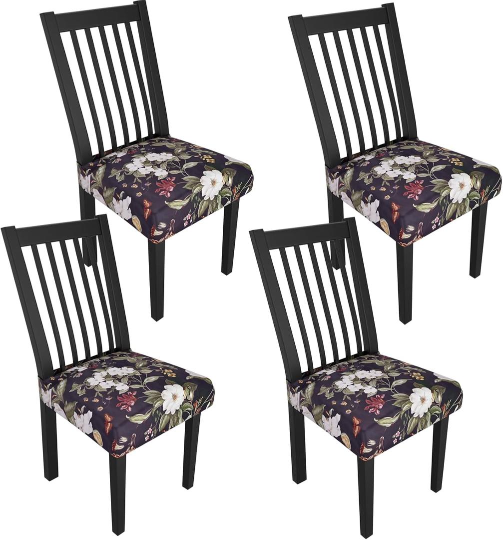 Stretch Dining Chair Seat Covers Set of 4,Dining Chair Slipcovers, Floral Printed Chair Covers,Soft Fabric Washable Upholstered Chair Seat Protector, No Rear Covers for Home Kitchen Dining Room