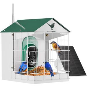 Titto Squirrel Proof Bird Feeder with Camera, Solar Power Metal Bird Feeder for Outdoors, Smart AI Identify Birds Species and Auto Capture Video, 2K Live Stream, Green & White