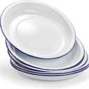 Dicunoy Set of 5 Enamel Plates, 9.5" Unbreakable Enamelware Dinner Serving Platter Trays, Retro White Round Shallow Bowls with Blue Rim for Pasta, Salad, Camping, Outdoor, Picnic, BBQ