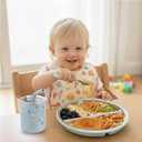 3 x PandaEar Stainless Steel Baby Feeding Set | 2 Divided Suction Plates, 2 Spill-Proof Straw Cups with Silicone Sleeves, 2 Forks & 2 Spoons | Toddler Utensils for Baby Led Weaning, BPA-Free (Blue & Grey)