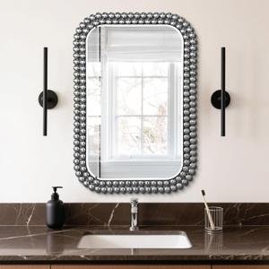 Silver Beaded Framed Bathroom Wall Mirror Rounded Rectangle Bathroom Mirrors for Over Sink Wall Brushed Decorative Mirrors