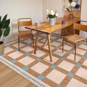 Lahome Checkered Dining Room Large Rugs 6x9 for Living Room Soft Bedroom Carpet, Modern Checkerboard Area Rug Washable Non Slip Floor Carpet for Classroom Home Office, Khaki
