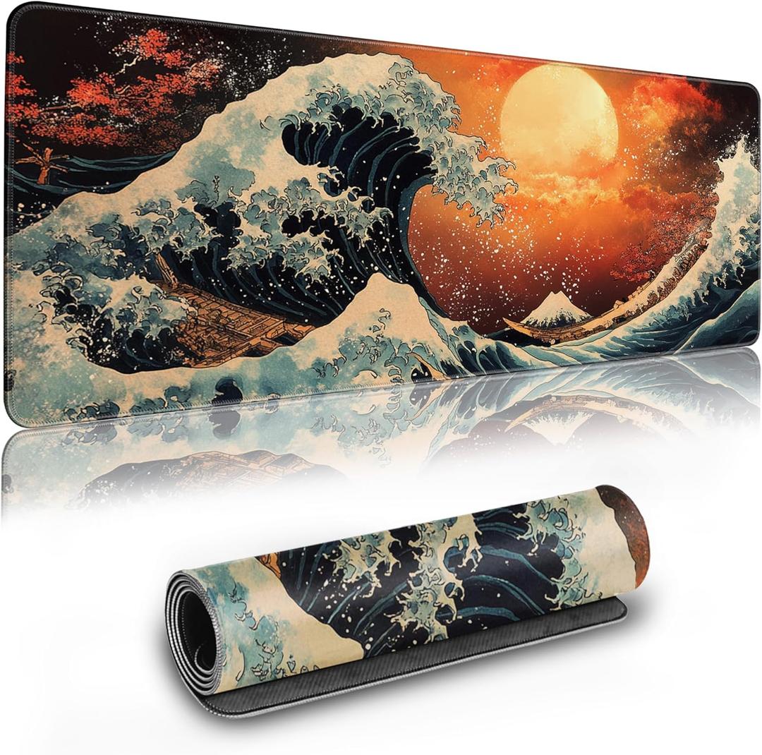 Extended Gaming Mouse Pad Anime Large Desk Pad with Non-Slip Base Full Keyboard Mat with Stitched Edges for Gaming and Office 31.5 x 11.8 inches (Orange Wave)