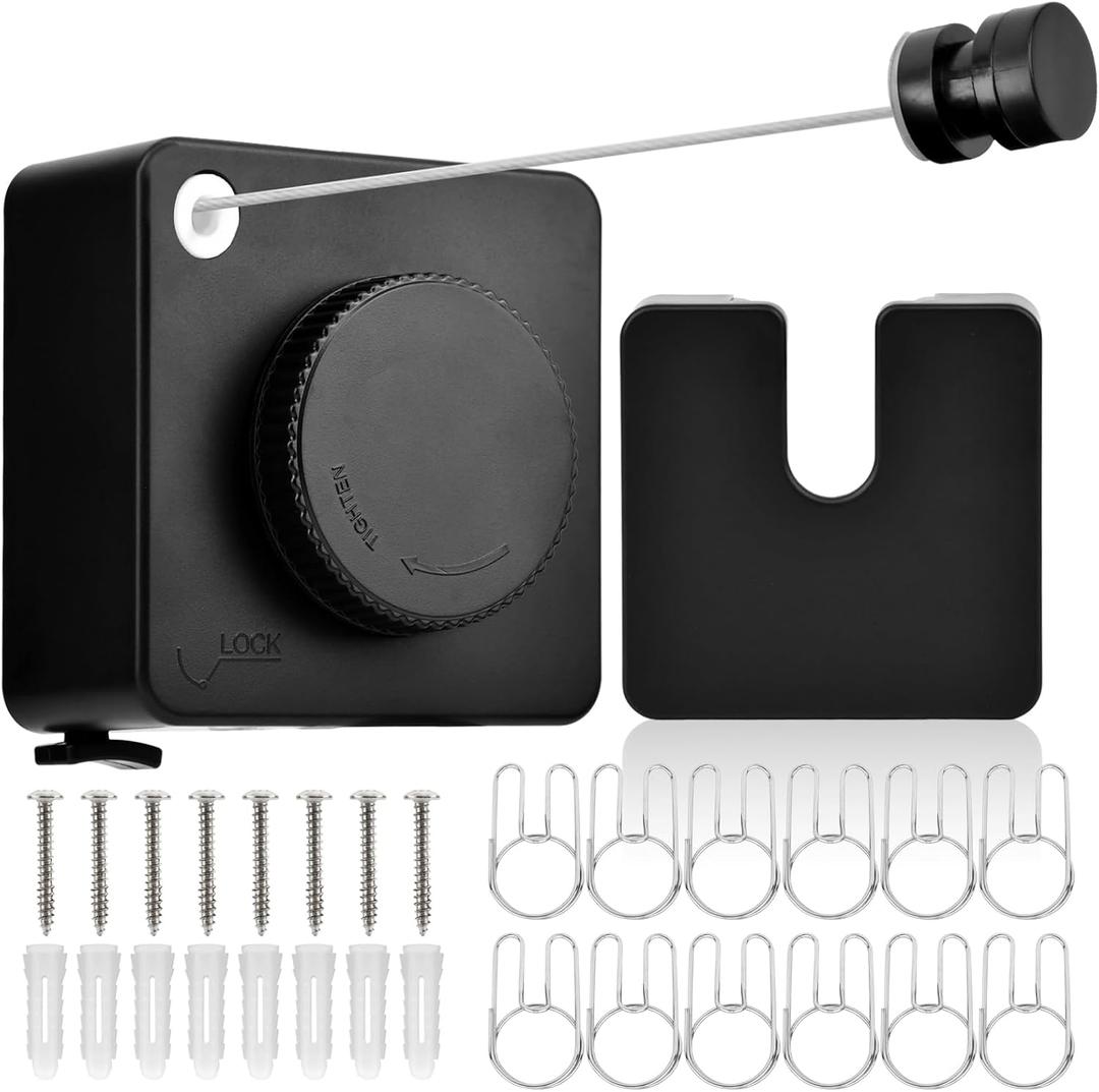 15.7Ft Retractable Clothesline Indoor,Non-Sagging Outdoor Clothesline Retracting,Heavy Duty Retractable Clothes Drying Laundry Line,Wall Mounted Stainless Steel Line with 12 Clips(Color:Black)
