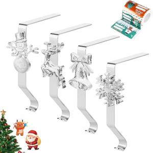 Christmas Stocking Holders for Mantle, Reusable No-Damage Hooks with Fireplace Grip Stand, Xmas Decoration Set for Hanging Stockings on Shelves, Mantel Clips for Holiday Party Home Decor Silver