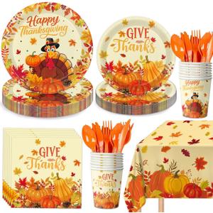 Oigco Thanksgiving Party Supplies Kit - Turkey Dinnerware Includes Plates, Napkins, Cups, Cutlery, Tablecloth for Autumn Thanksgiving Party Decorations, Serves 20