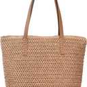 Large Straw Beach Bag for Womens, Straw Handbag Woven Tote Bag With Zipper Summer Shoulder Bag (A Style-brown)