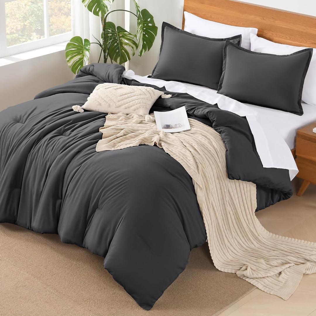 Andency Dark Grey California King Comforter Set of 7 Gray Cal King Bedding Comforter Sets, Summer Plain Soft Lightweight Comforter with Fitted Sheets, Flat Sheets, Pillowcases & Shams (California King (104*96 in))