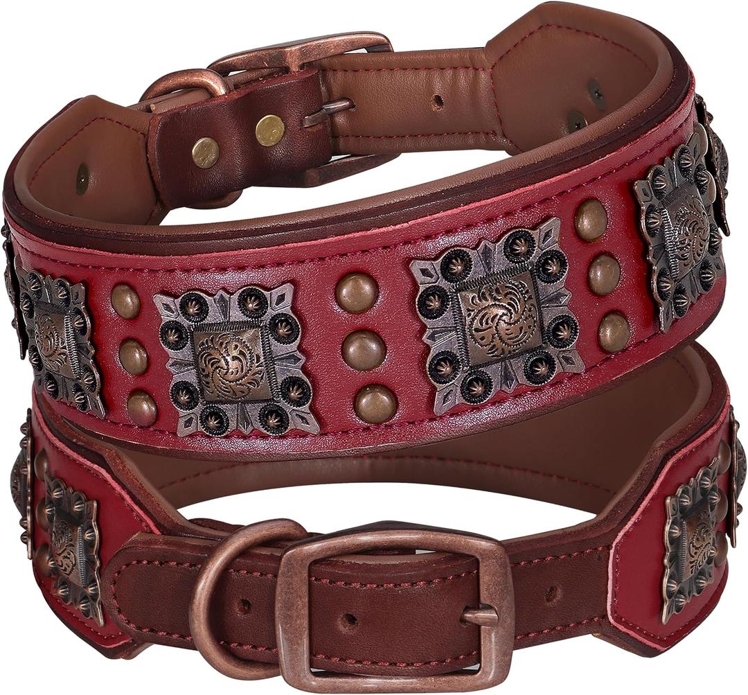 PET ARTIST Upgrade Padded Leather Dog Collar, 2 inch Wide Genuine Leather Dog Collars with Strong Studded Rivet & Metal Buckle, Adjustable Large Dog Collar for Pit Bull Doberman, Red, Neck 19-22"