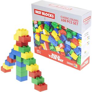 Big Blocks Set, Large Building Blocks for Ages 3 and Up, 100% Compatible with All Major Brands, Classic Colors, 108 Pieces