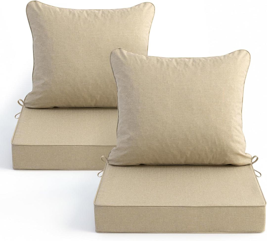 Summsun Outdoor Chair Cushions Set of 2, Faux Linen Patio Furniture Cushions, Water Resistant Backrest and Deep Seat Cushion Set with Straps, Removable Cover, Non-Slip Bottom, 22 x 22 Inch, Nature