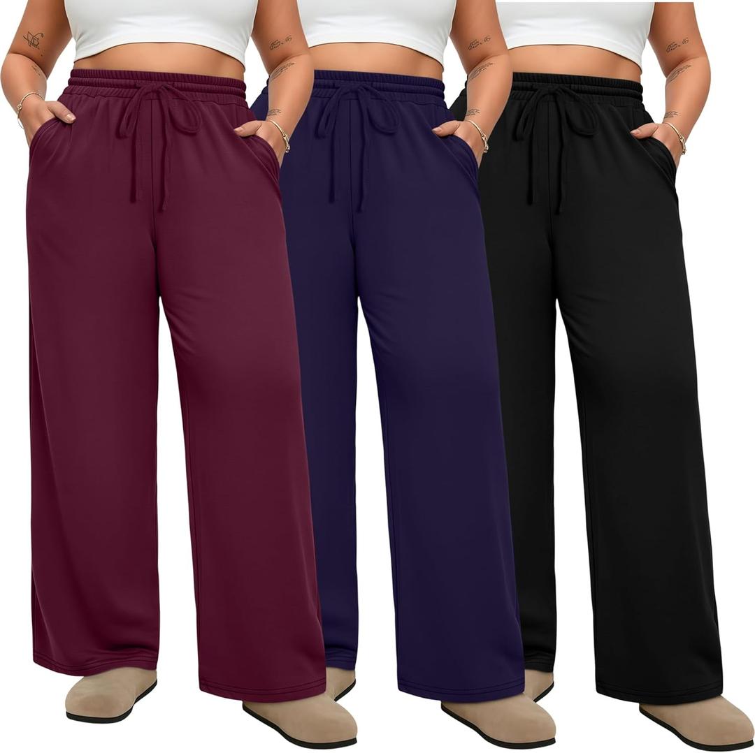 Neer 3 Pack Women's Plus Size Sweatpants Wide Leg High Waist Drawstring Yoga Lounge Joggers Open Bottom Pants with Pockets (4X-Large, Black, Navy Blue, Wine Red)