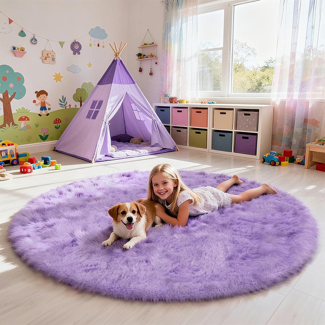 Yulidayang Purple Fluffy Round Area Rugs for Bedroom,3'X3'Shag Circle Area Rugs for Girls Room,Non Slip Fuzzy Plush Rug for Kids Room Living Room and Dorm Home Decor Rug