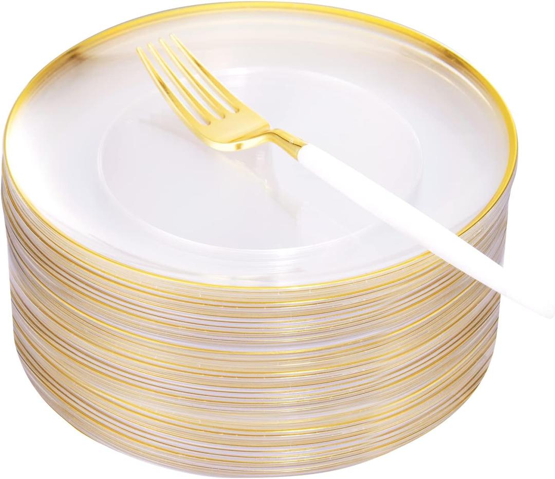 supernal 96pcs Gold Plastic Dessert Plates-White and Gold Plastic Forks,Disposable Appetizer Small Cake Plates 7.5" Clear and Gold Color Perfect for Party,Wedding,Birthday