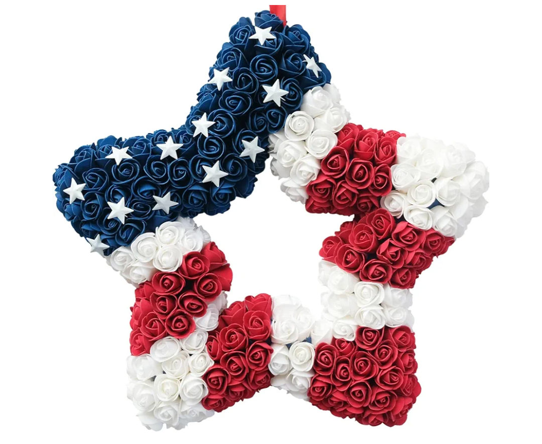 18 Inch Patriotic Red White Blue Large Star Shape Flower Wreath for Front Door, Forth of July American Flag Color Soft Touch Floral Wreath for Indoor and Outdoor, Independence Day Home Decor