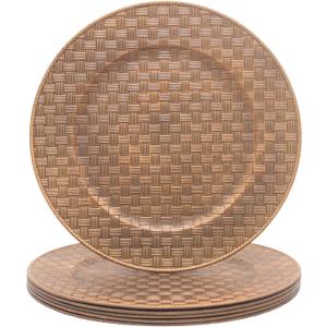 Antique Gold Charger Plates with Basketweave Texture, Set of 6, Faux Woven Plastic Service Plates for Rustic Wedding & Farmhouse Table Decor, 13 Inch (634)