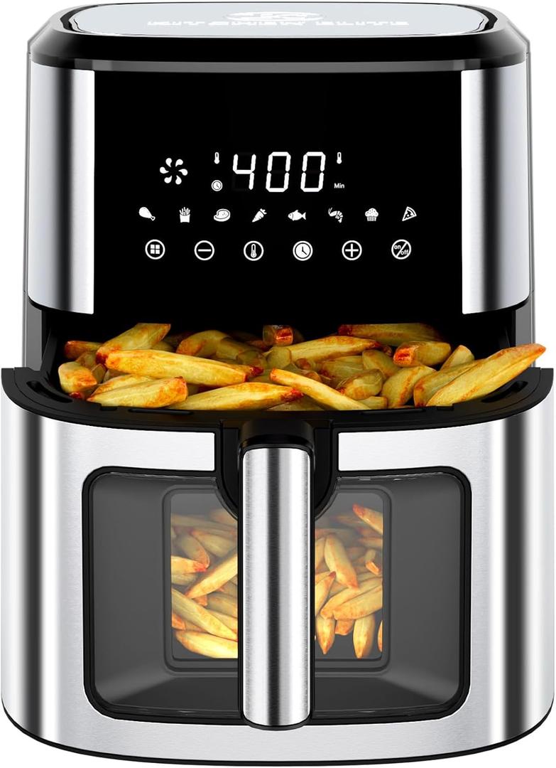 Air Fryer Stainless Steel with View Window, XL 8.5QT Large Airfryer, 8-in-1 Digital Control, 400F Temp Controls, Nonstick Dishwasher-Safe, Space-Saving, Roast, Broil, 1500W