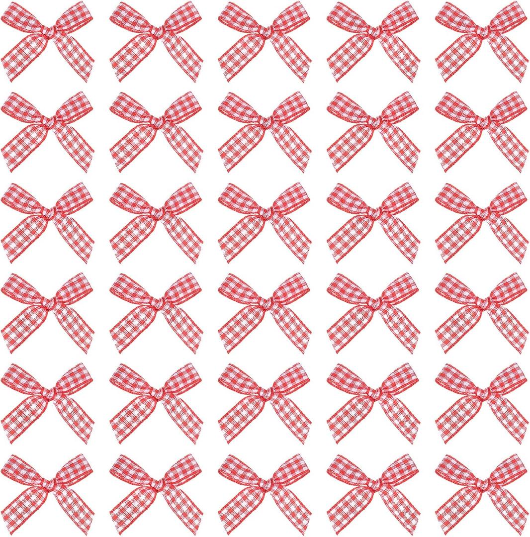 MECCANIXITY 50 Pcs Mini Gingham Ribbon Bows 1.8 Inch Checkered Plaid Bow Fabric Satin for Craft DIY Cake Sewing Wedding Birthday Party Wrapping Christmas Decoration, Red White