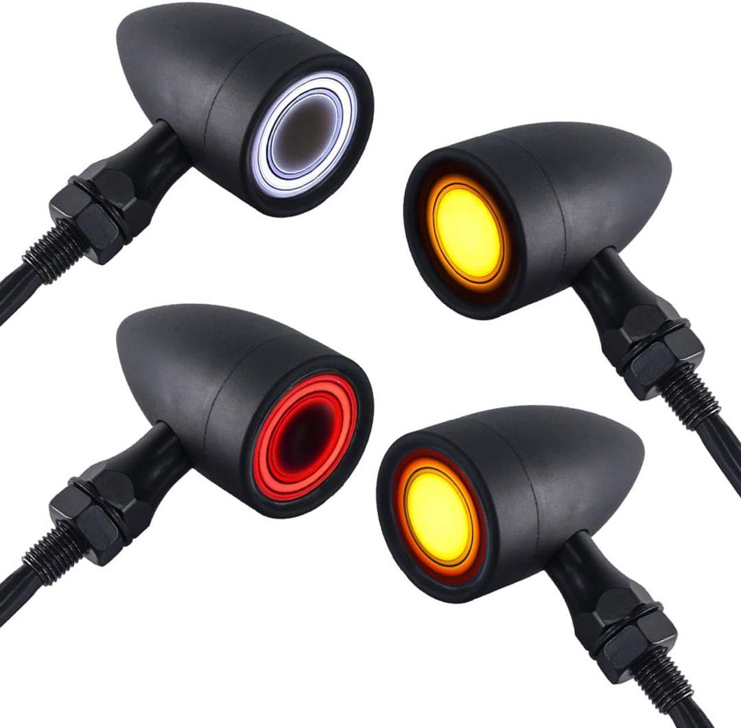 Motorcycle Bullet Turn Signals LED Front Rear Lights 4 PCS, 40 LEDs Retro Switchback Running Turn Brake Light Blinkers Universal Fit Harley Dyna Chopper Bobber Suzuki Yamaha Honda -Black (2052-4PCS- BK)