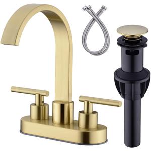 DIKUROOMS 4 Inch Centerset Bathroom Sink Faucet 2 Handle Vanity Basin Faucets with Overflow Pop-up Drain Assembly and cUPC Water Supply Lines, 360 Degree Swivel Square Spout, Brushed Gold