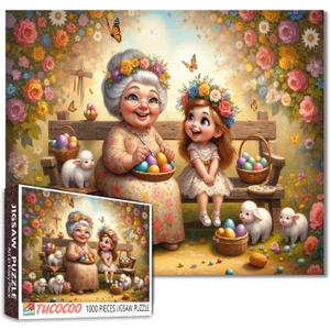 Easter Jigsaw Puzzle Adults 1000 Pieces Grandmother and Granddaughter Puzzle DIY Craft Spring Courtyard Art Living Room Wall Decoration Funny Activities Gifts Easter Eggs Puzzles